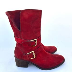 Donald J. Pliner Red Slouchy Suede Pirate Boots Buckle Ankle Heeled 9.5